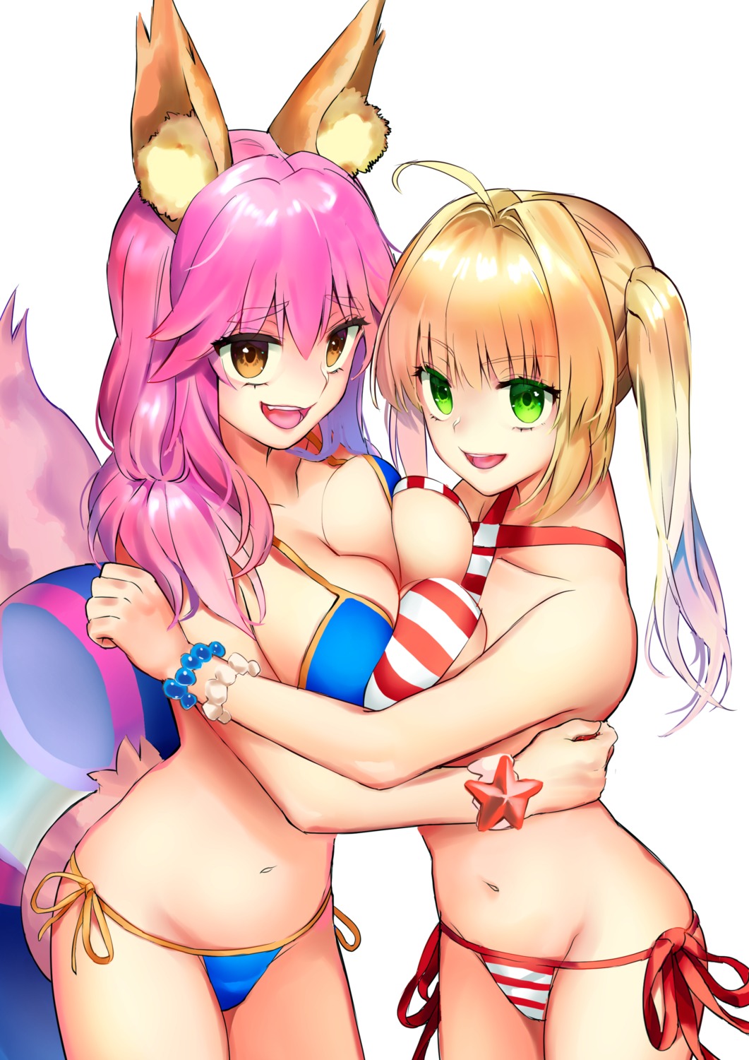 animal_ears bikini fate/grand_order saber_extra swimsuits symmetrical_docking tail tamamo_no_mae torimahera