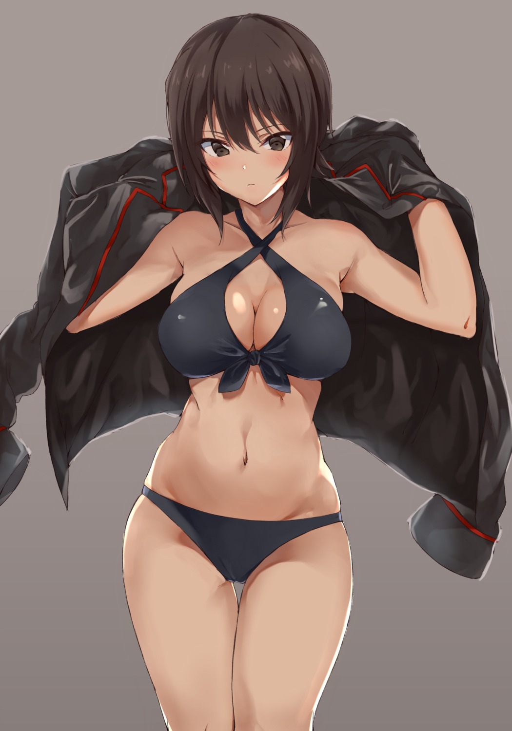 bikini cleavage girls_und_panzer nametake_(nekoyasya12172) nishizumi_maho open_shirt swimsuits