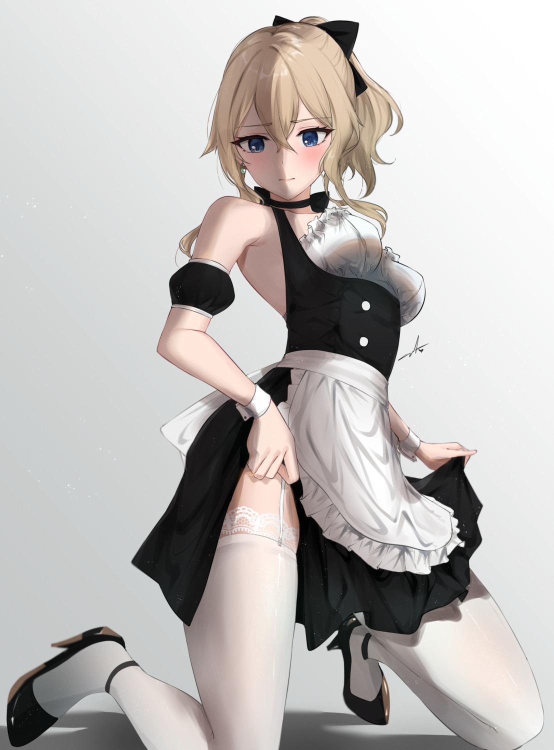 feint721 genshin_impact heels jean_(genshin_impact) maid no_bra skirt_lift stockings thighhighs